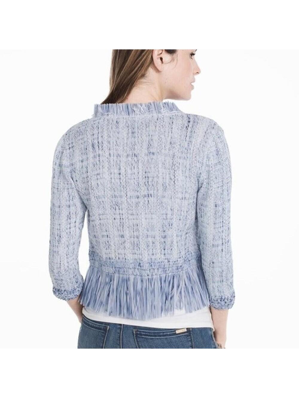 White House Black Market Fringe Sweater Jacket baby blue white Small - Picture 4 of 9